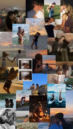 a collage of photos with people and water in the background