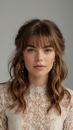 Sleek Braided Halo for Wedding Hairstyles Bridesmaids Hairstyles With Bangs, Half Up Shoulder Length Hair Wedding, Wedding Hair Mid Length Half Up, Fancy Hair With Bangs, Wedding Hair Shag, Bridal Hairstyles Bangs, Bridal Updo Bangs, Bridget Bardot Wedding Hair, Bridal Hair Down With Bangs