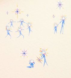 an artistic drawing of people holding hands and fireworks