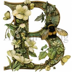 the letter e is made up of flowers and leaves, with a bee on it