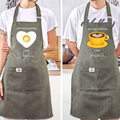 two pictures of a man and woman wearing aprons with an egg in the shape of a heart