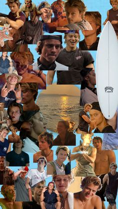 a collage of people and a surfboard