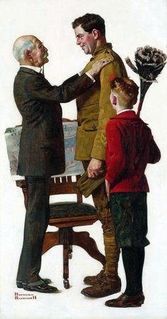 a painting of two men shaking hands with a young boy