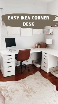 a white desk with a computer on it and the words easy ikea corner desk