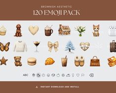 the brownish aesthetic 120 emojpack includes many different items, including teddy bears and other