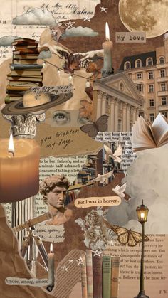 a collage of books, candles and other things