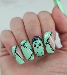 Cool Colored Nails, Bride Of Frankenstein Nails Art, Frankenstein Nail Designs, Tombstone Nails, Mothman Nails, Western Halloween Nails, Ems Nails, Frankenstein Nail Art, Ghost Nail Designs