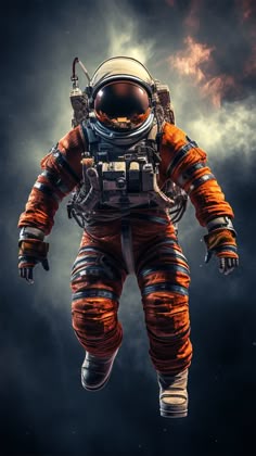 an astronaut floating in the sky with clouds