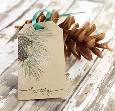 a pine cone is sitting next to a tag with the word merry written on it