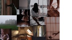 a collage of photos with the image of a woman standing in front of a door