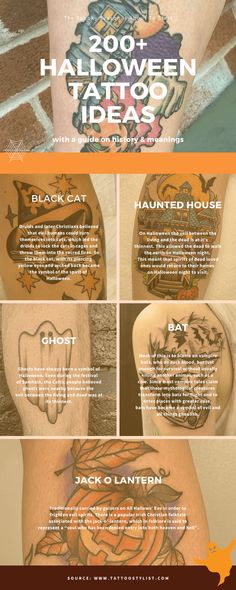 an info sheet for halloween tattoos on the back of a man's leg and chest