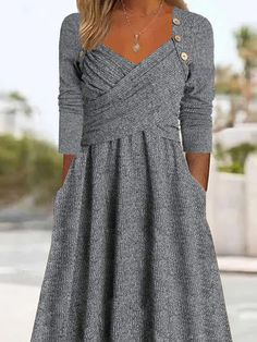 Plain Casual Buckle Sweetheart Neckline Dress V-neck Winter Dress With Pockets, V-neck Winter Dresses With Pockets, Winter V-neck Dress With Pockets, Gray Fall Dress With Pockets, Flattering Clothes, Bardot Style, Plain Maxi Dress, Women's A Line Dresses, Sweetheart Neckline Dress