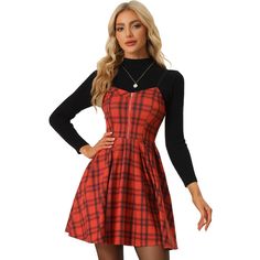 While you're attending a Christmas party, this dress will bring a touch of holiday magic to your outfit. This dress features a classic A-line silhouette with a flared skater skirt, perfect for twirling around at holiday parties. This a-line skater plaid dress delivers a festive and stylish look that will make you stand out during the holiday season. Plaid Dress Outfit Winter, Red Plaid Dress Outfit, Christmas Dress For Teens, Christmas Plaid Dress, Plaid Dress Outfit, Skater Dress Outfit, Halloween Plaid, Plaid Skater Dress, Flared Skater Skirt