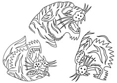 two black and white drawings of animals with different designs on their faces, one is biting the other's mouth