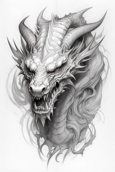 a drawing of a dragon's head with long horns and large, sharp teeth