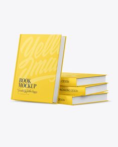 three yellow books stacked on top of each other with the title book mockup written in white