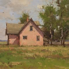 an oil painting of a pink house in a field