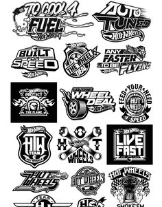 various logos and emblems are shown in this black and white image, with the words live fast on them