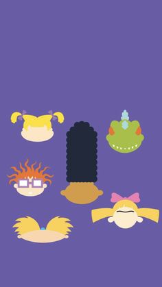 an assortment of different masks on a purple background