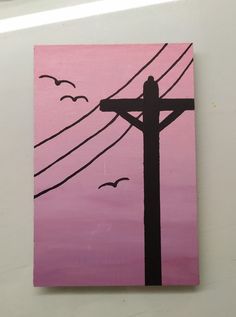 a painting of a telephone pole with birds flying in the sky and pink skies behind it