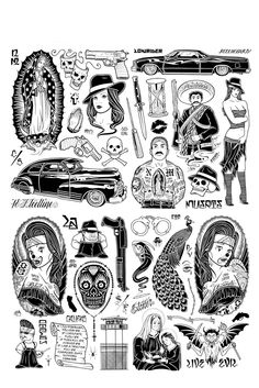 an image of various tattoos and stickers on a white sheet with black ink, including skulls