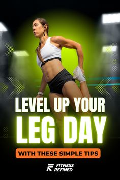 a woman in black shorts and white top with the words level up your leg day