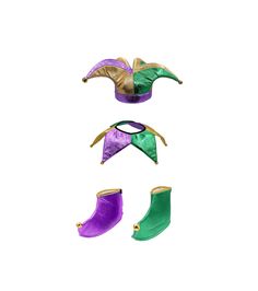 This year take the party to the next level with this Colorful Mardi Gras Jester Set. Each set features shiny Lame` material in gold, purple, and green accented with gold bells. Each hat fits about 60 cm and stands about 6 inches tall. Each jester point is about 9 inches from center to tip of bell. The matching collar has an inner diameter of 5.5 inches, with connecting hook and loop fastener on each end. 6 points with alternating colors and accenting bells, each point is about 7 inches long. Com Office Costumes, Medieval Jester, Mardi Gras Jester, Mardi Gras Hats, Clown Hat, Halloween Office, Court Jester, Jester Hat, Mardi Gras Costumes