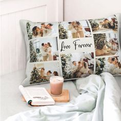 a pillow that has pictures on it with the words love forever and a drink next to it