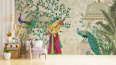 Transport yourself to a world of vibrant music and colorful plumage with this bohemian tapestry wallpaper mural.  A beautiful Indian woman, adorned in traditional dress, plays a stringed sitar instrument while a majestic peacock observes from a nearby branch.  This captivating scene is sure to add a touch of worldly flair to your home decor. Discover more designs like this in our Shop's Section: 👉 https://www.etsy.com/shop/Golawalldecor?section_id=45828378 Explore more unique designs in our Ets Indian Wall Murals Home Interiors, Wall Murals Indian, Indian Mural Wall Art Living Room, Mural Art Peacock, Customizable Wallpaper, Sitar Instrument, Mural Garden, Kerala Mural Peacock, Garden Temple