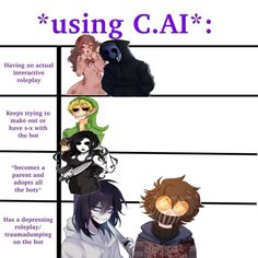 some anime characters with different expressions on their faces and the words using caj in them