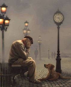 a man sitting on a bench next to a dog in front of a clock tower