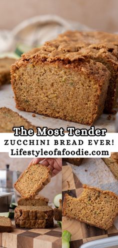 the most tender zucchini bread ever is sliced and ready to be eaten for breakfast