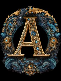 an ornate letter with blue and gold accents