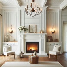 a living room filled with furniture and a fire place under a chandelier in front of a fireplace