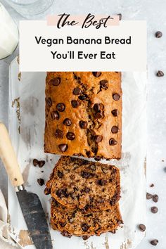 the best vegan banana bread you'll ever eat on a cutting board with chocolate chips