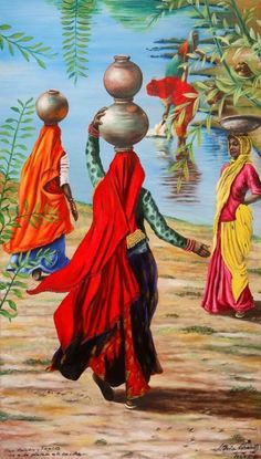 two women carrying pots on their heads walking down a dirt road next to the water