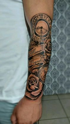 a man with a clock and roses tattoo on his arm