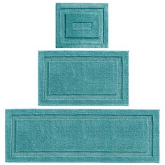 3 piece bath rug set in aqua blue color with matching border and two mats on each side