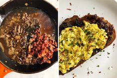 two pictures side by side, one with eggs and the other with bacon on toast