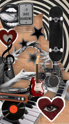 a collage of musical instruments, guitar, and heart shaped stickers in black and white