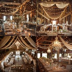 the inside of a barn with tables and chandeliers