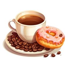 a cup of coffee and a donut on a saucer with coffee beans around it