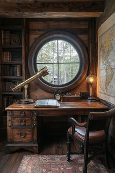 an old desk with a large round window in the corner and a chair next to it