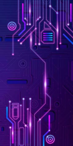 an abstract purple background with neon lights and circuit board shapes in the center, all connected to each other