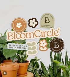 there is a sign that says bloom circle on the wall next to potted plants