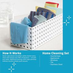 the instructions for how to clean clothes in a storage basket with cleaning cloths inside