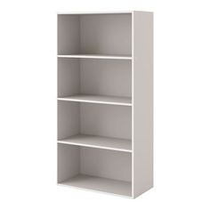 a white bookcase with three shelves on each side and one door open to reveal the bottom shelf