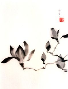 two black and white flowers with chinese writing on the bottom right corner, in front of a white background