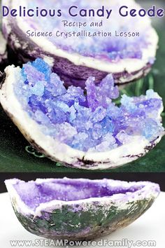 the inside of a purple and white bowl with blue crystals in it, on top of a green plate