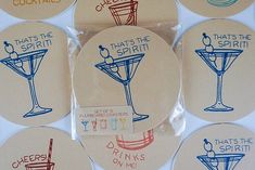 six coasters with different types of drinks and words on them, all hand - written